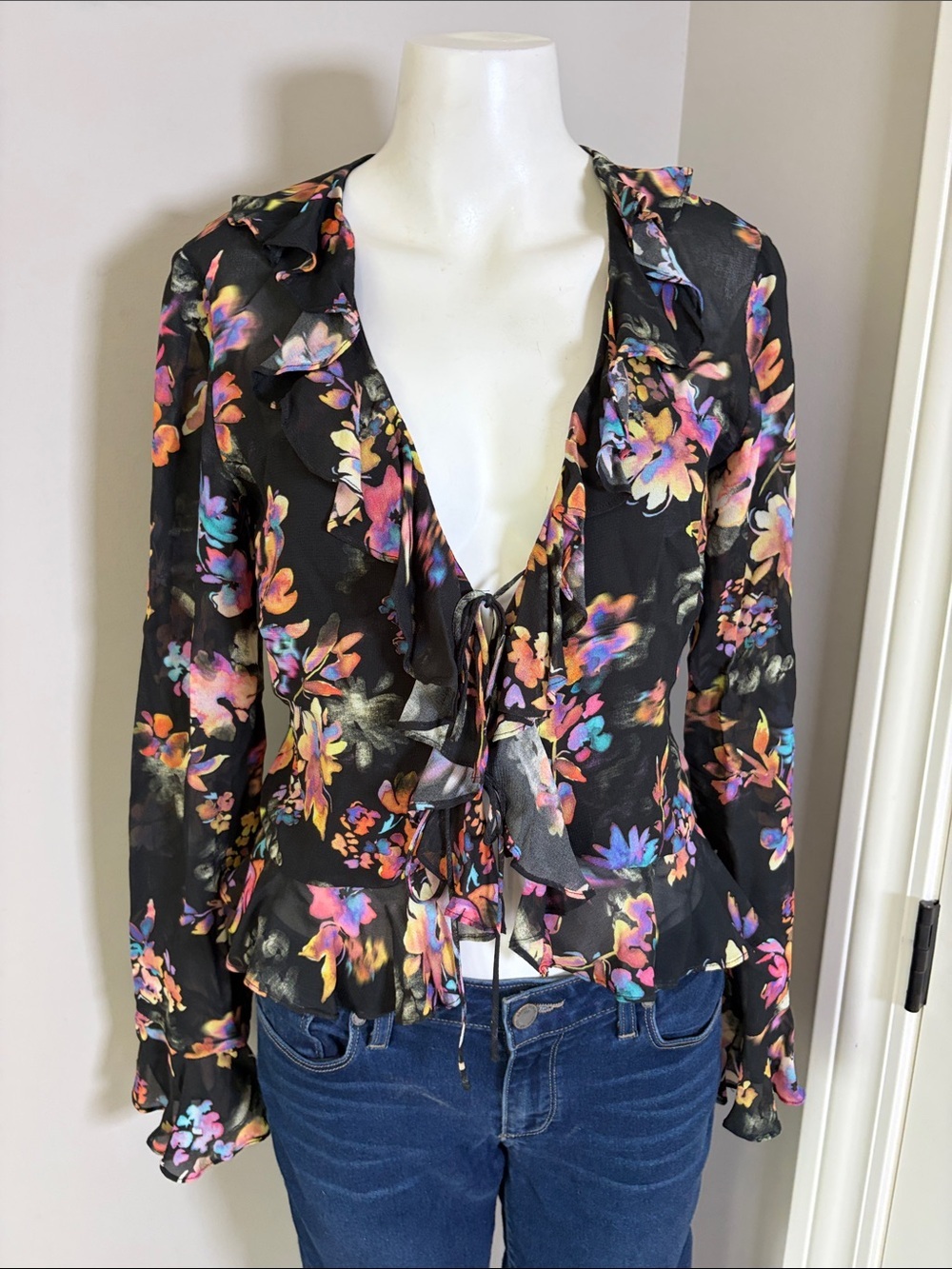 Amanda Uprichard Collier blouse colorful floral print black ruffled Mirabella S